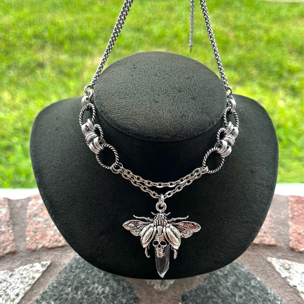 Handmade maille choker necklace moth crystal quartz stainless steel boho goth - Picture 7 of 11